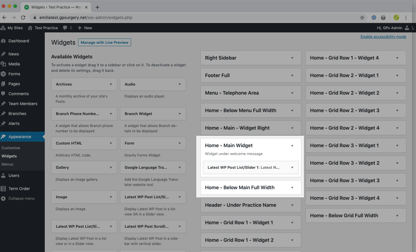 Screenshot of the widget menu