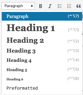 Screenshot of heading options in the editor