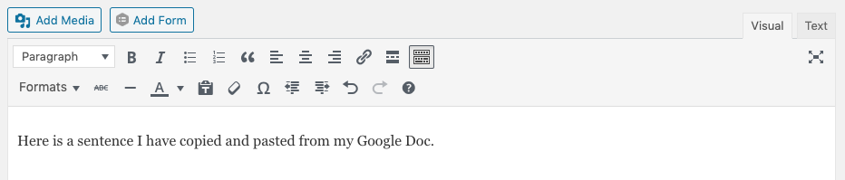 Example of text I have copied in the Visual tab