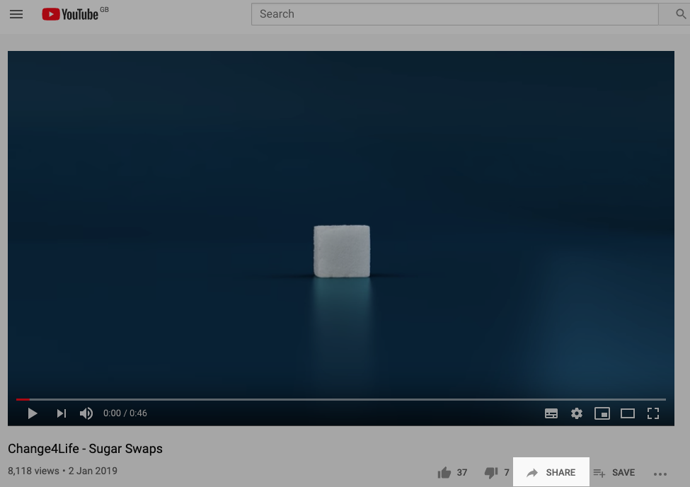 Screenshot of the share button at the bottom of a YouTube video