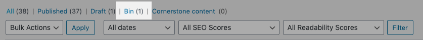Screenshot of the bin option on the Pages page.