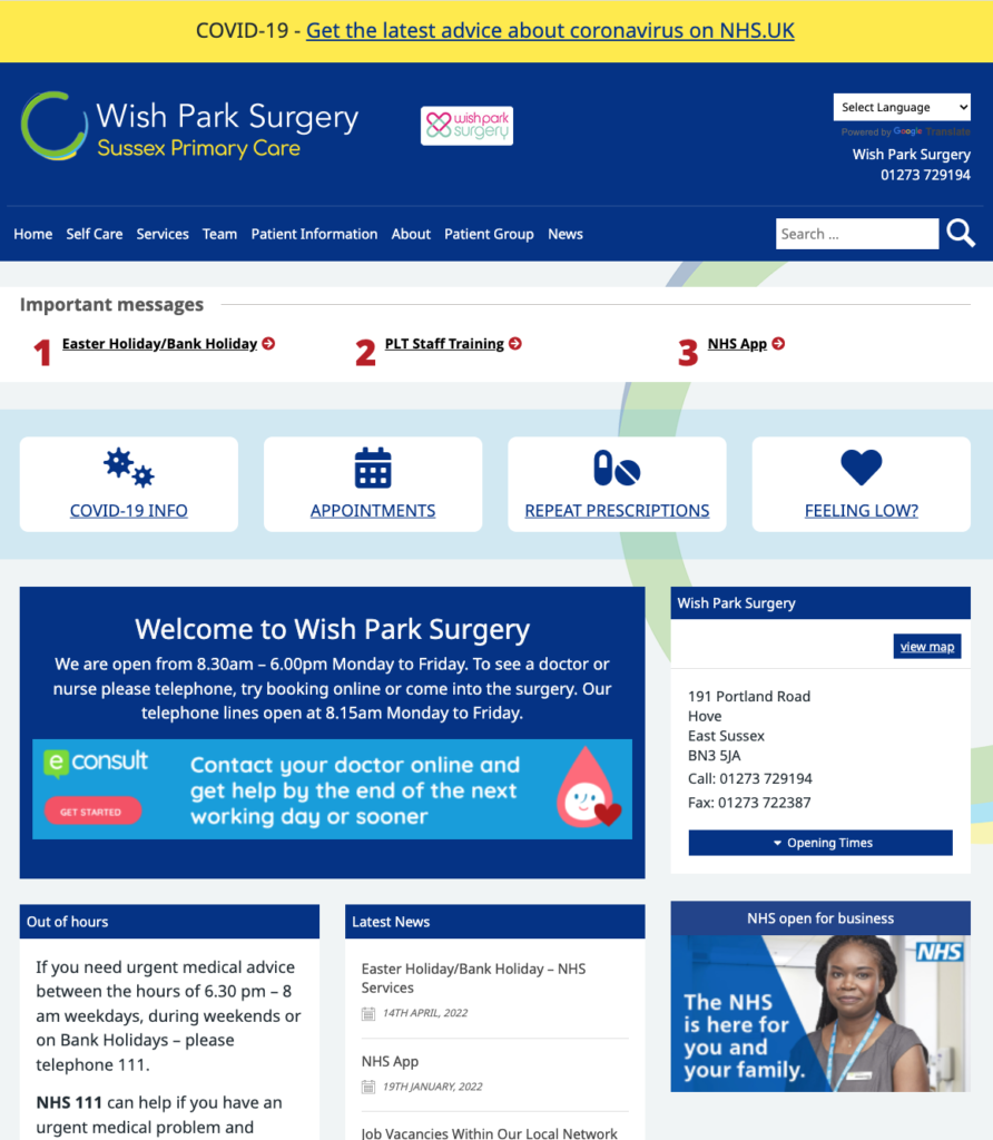 Wish Park Surgery website screenshot